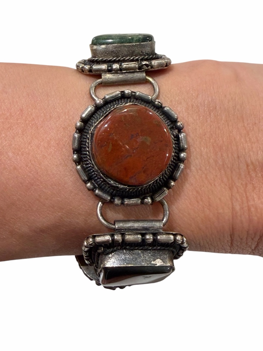 Authentic Agate cabochons Silver metal panel bracelet earth tone multi colors